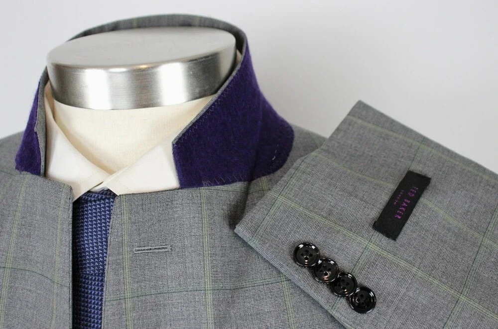 Ted Baker Sport Coat 46 R Mens Grey Green Windowpane Wool Regular Fit Blazer New